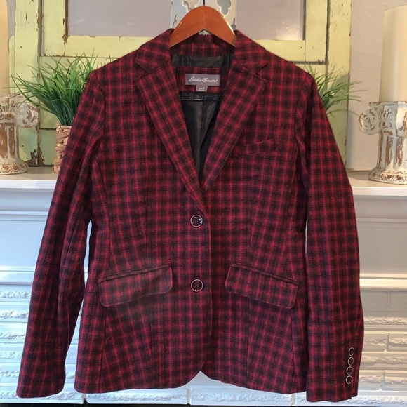 Eddie Bauer Red Black Wool Plaid Women’s Blazer Pockets Double Button Closure 6 - Picture 1 of 9